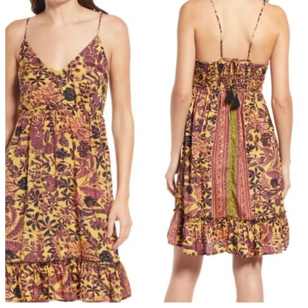 Raga Botanical Print Mini Dress Wmns Large Yellow Boho Smocked Ruffle Tassel NEW